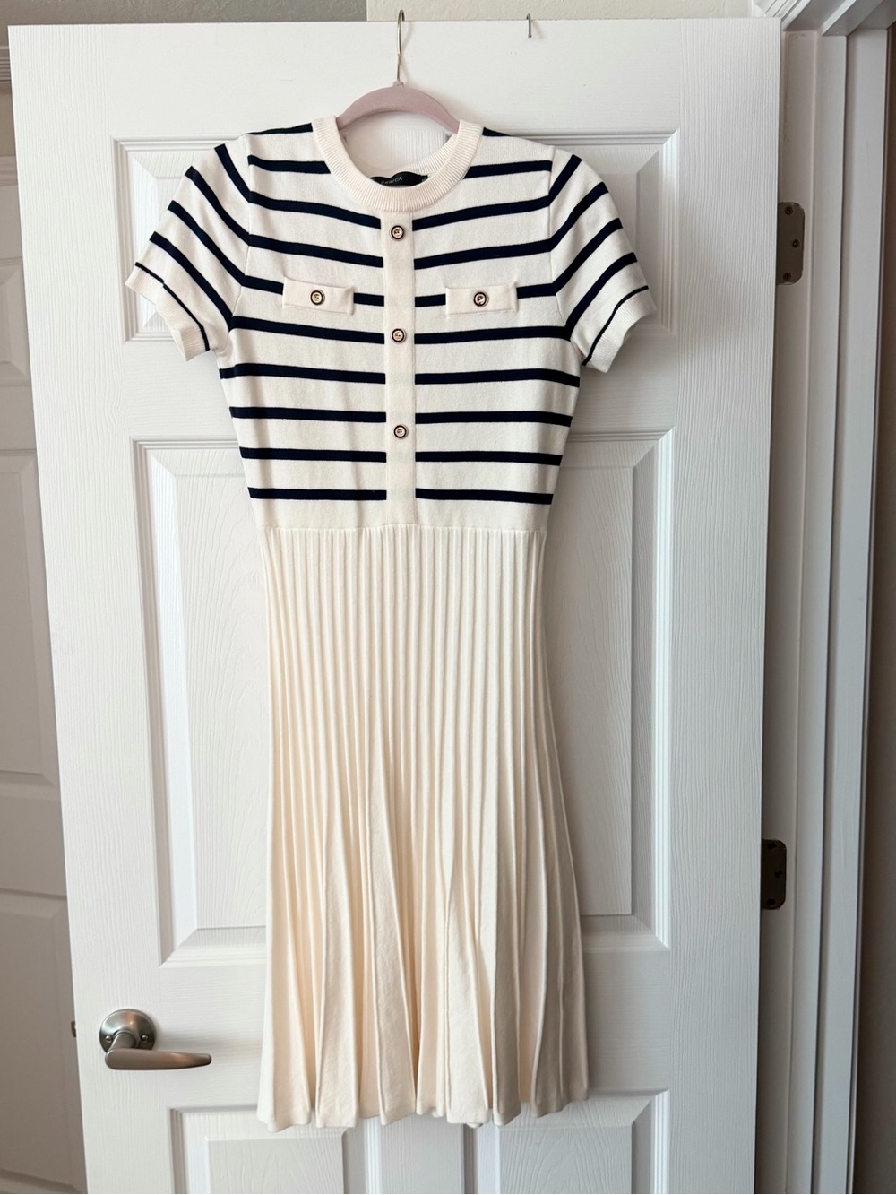Cream and Navy Striped Short-Sleeve Knit Dress